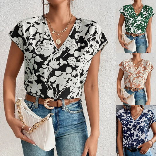 European And American Fashion V-neck Short Sleeve Printed Top